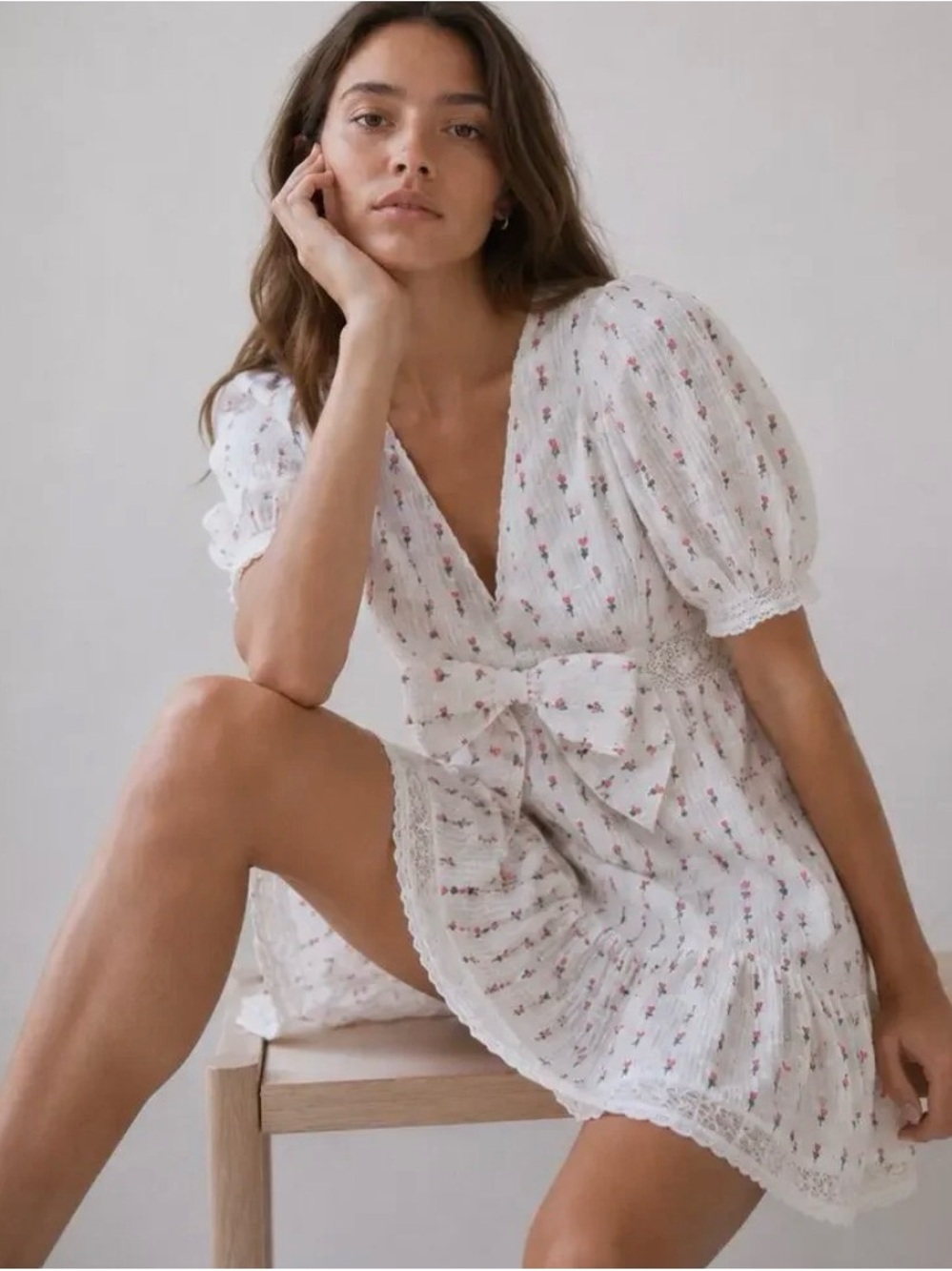 White Floral Tie-Waist Mini Dress